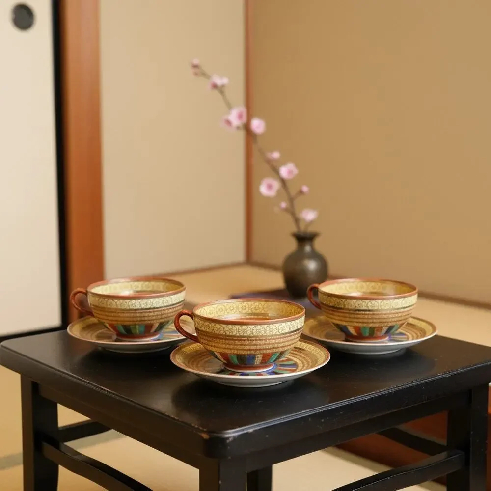 Antique Japanese 1000 Faces Porcelain Tea Cups & Saucers-Set of 3-Art Deco-Asian